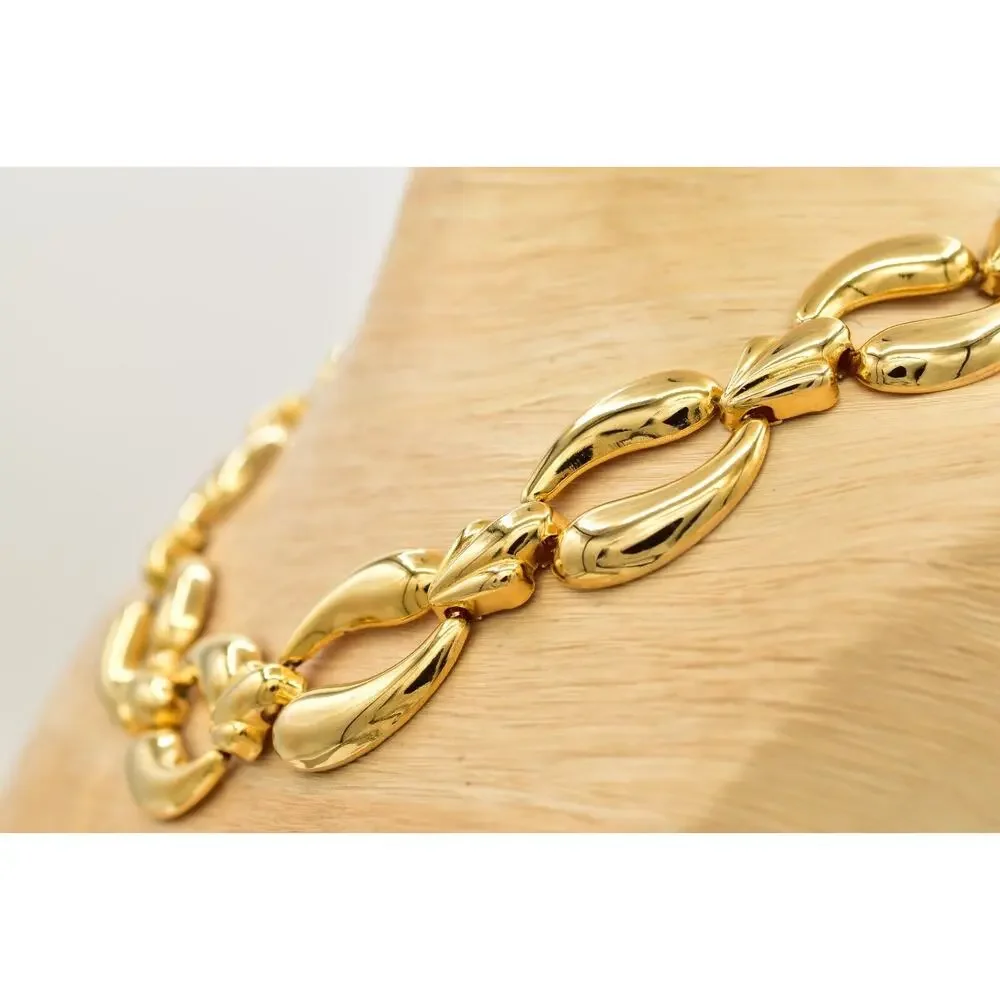 Vintage Collar Necklace Gold Tone Metal Shiny Linked Chain Chunky 1980s BinA17